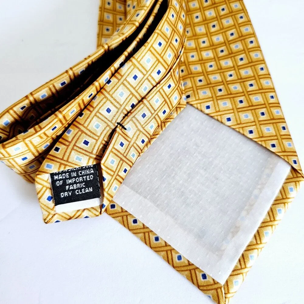 Vintage Neo Bill Blass Silk Necktie‎ Gold Blue Geometric Square Pattern Classic